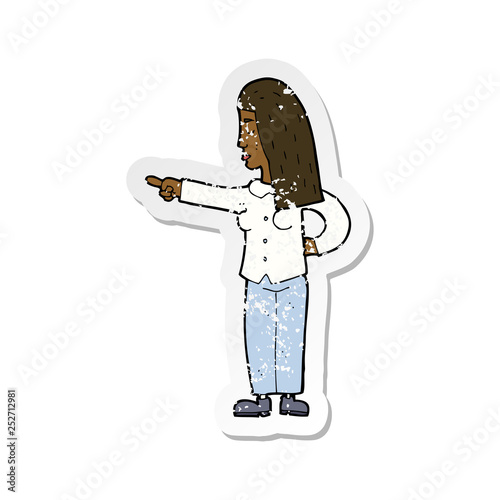 retro distressed sticker of a cartoon woman pointing