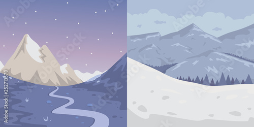 Winter Mountains landscape vector set. Cartoon outdoors vector Illustration. Snow mountain.