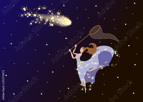 girl with a net catches a comet in the night sky