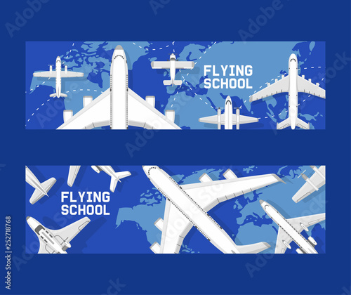 Plane vector aircraft airplane jet flight transportation flying to airport illustration aviation backdrop set of aeroplane airliner and airfreighter cargo traveling banner background