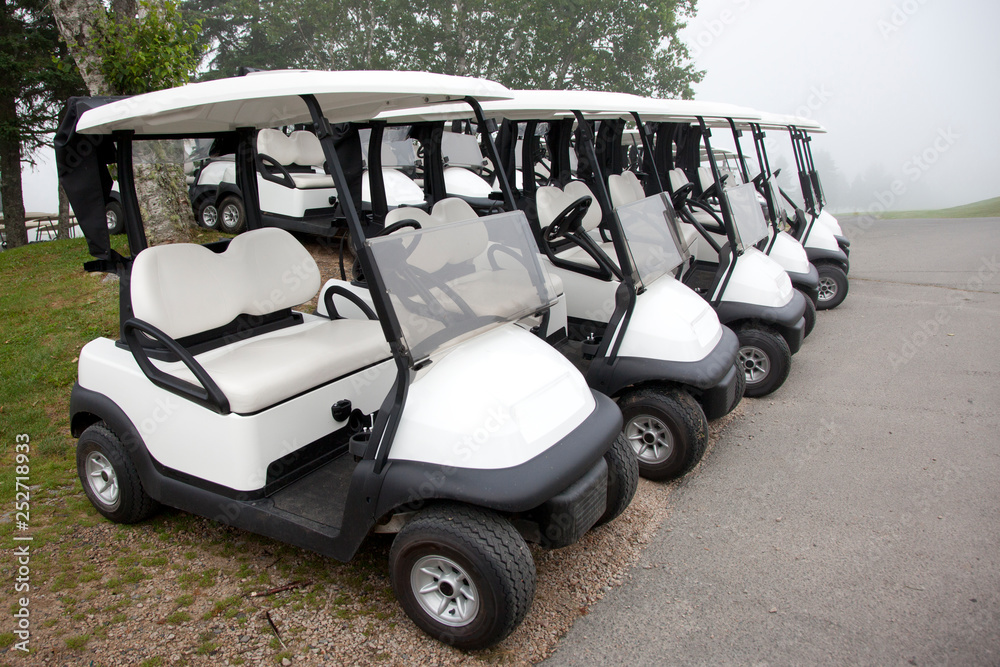 Row of golf carts in the fog