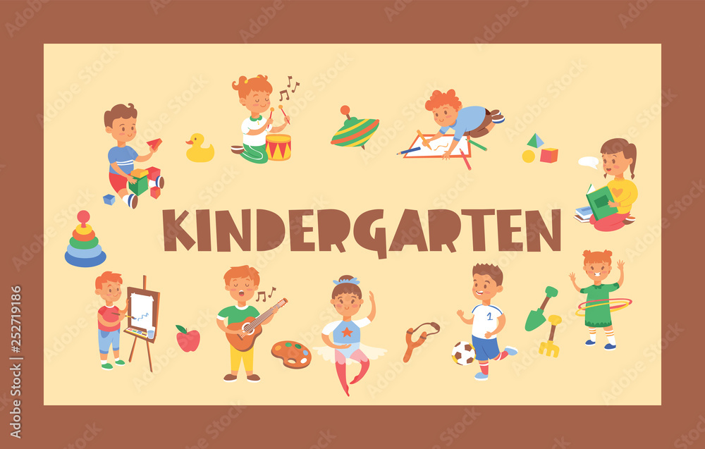 Kids vector cartoon girl boy characters children playing music on guitar and kids painting studying at kindergarten backdrop illustration childish playroom background