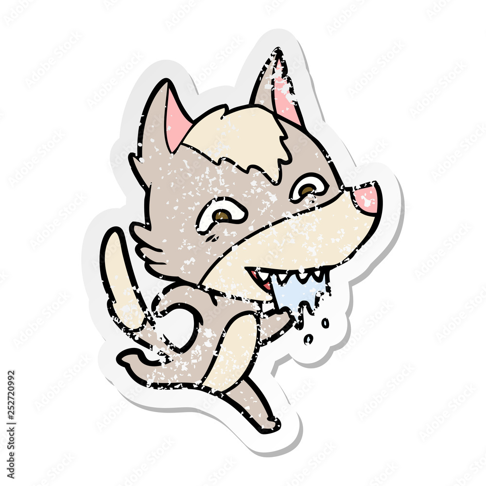 distressed sticker of a cartoon hungry wolf running distressed sticker of a cartoon hungry wolf running