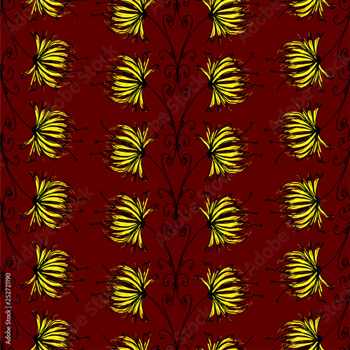 abstract floral ornament of black and gold colors over a dark red color