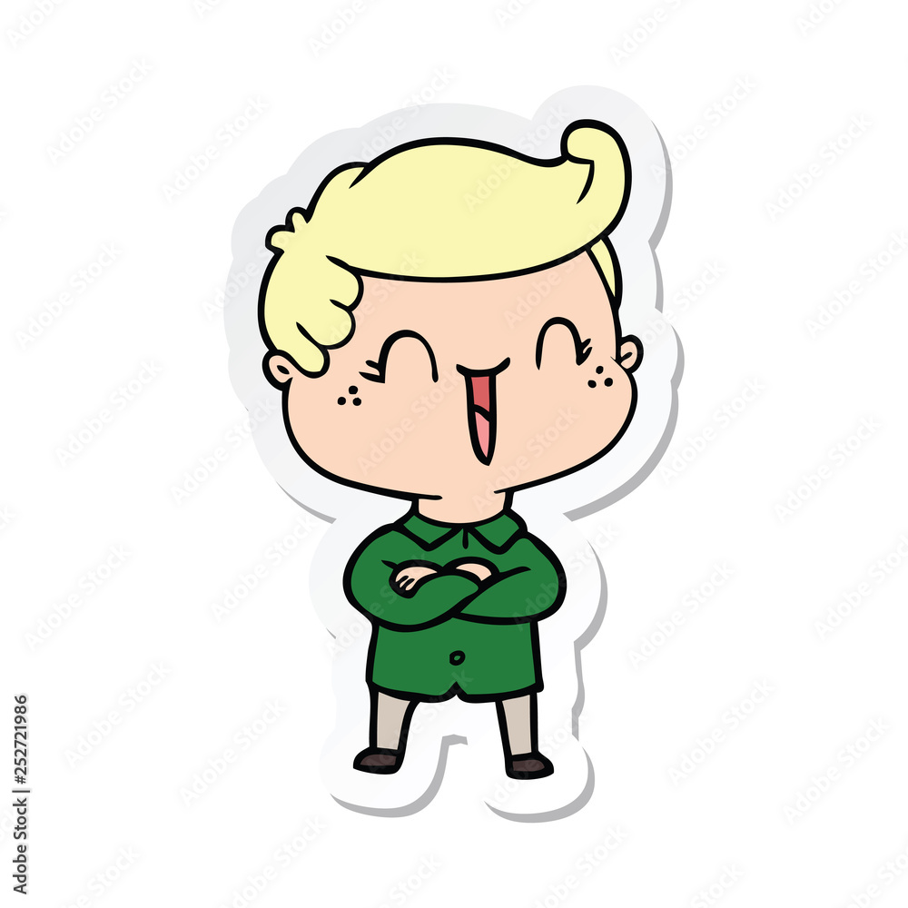 sticker of a cartoon laughing boy crossing arms