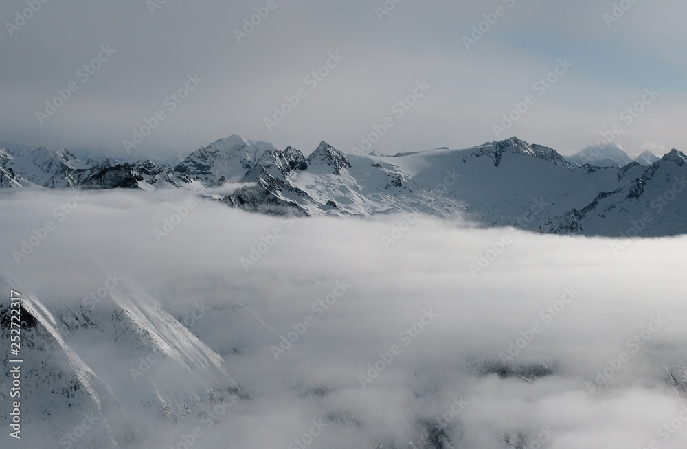 Landscape of mountain in Hinter-Tux. Sky with clouds.