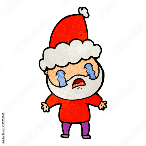 textured cartoon of a bearded man crying wearing santa hat