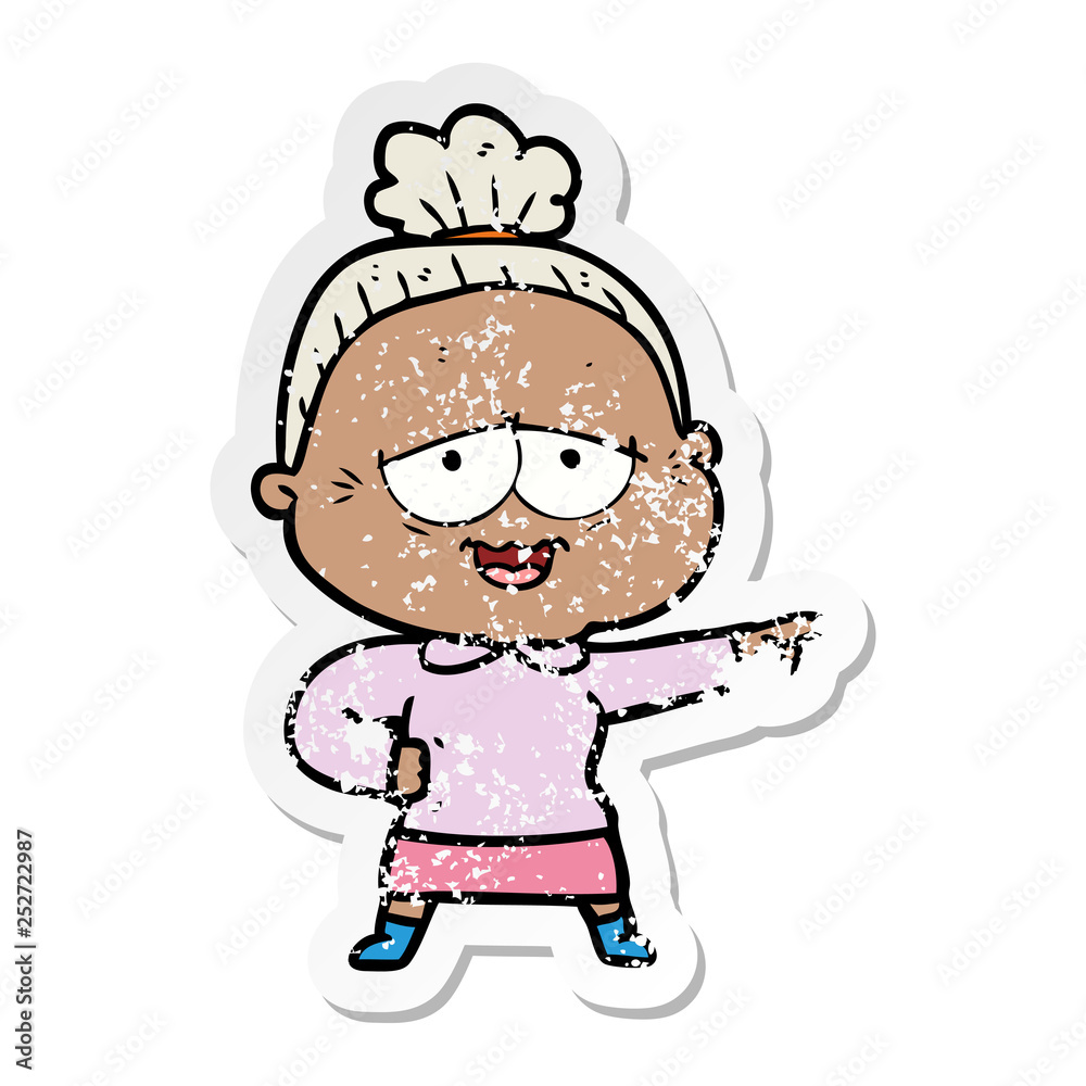 distressed sticker of a cartoon happy old lady distressed sticker of a cartoon happy old lady