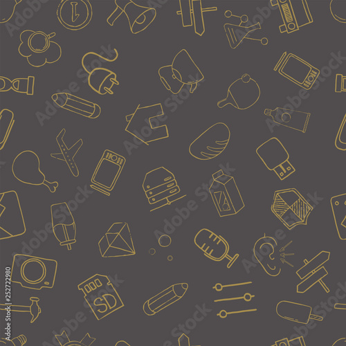 Set of diverse technological items and equipment doodle icons