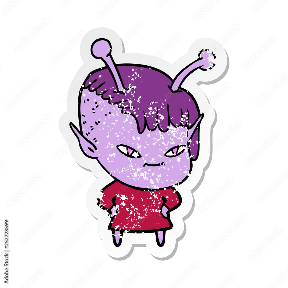 distressed sticker of a cute cartoon alien girl distressed sticker of a cute cartoon alien girl