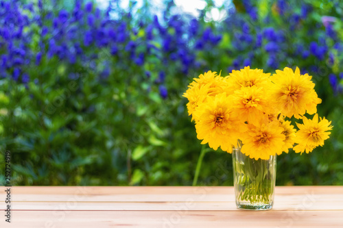 Beautiful, summer, rustic, floral concept. Yellow flowers in a glass beaker stand on a wooden table. Against the background of the bokeh of beautiful blue flowers. There is a copy space