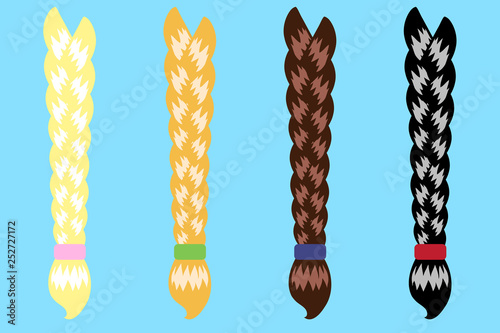 Long female braids on a blue background. Vector illustration.