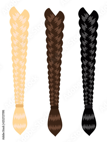 Long female braids on a white background. Vector illustration.