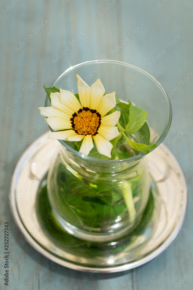 traditional Turkish red black tea tulip glass green flowers sweet dessert afternoon tea break