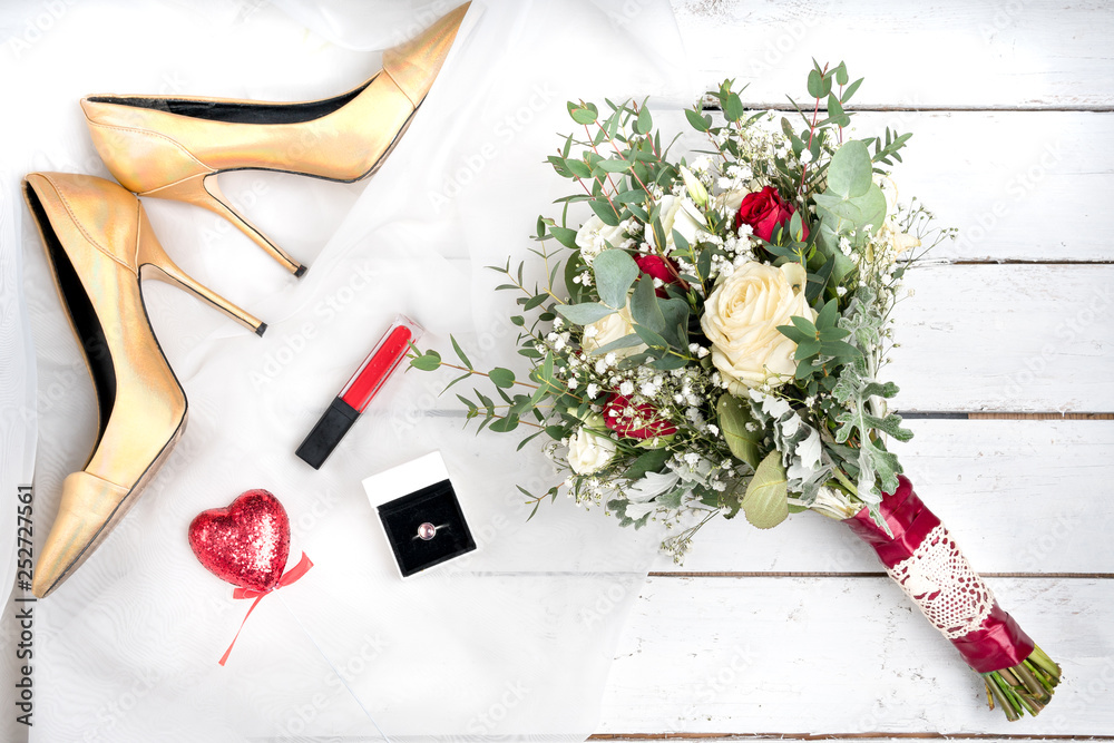 top view romantic wedding flower bouquet roses