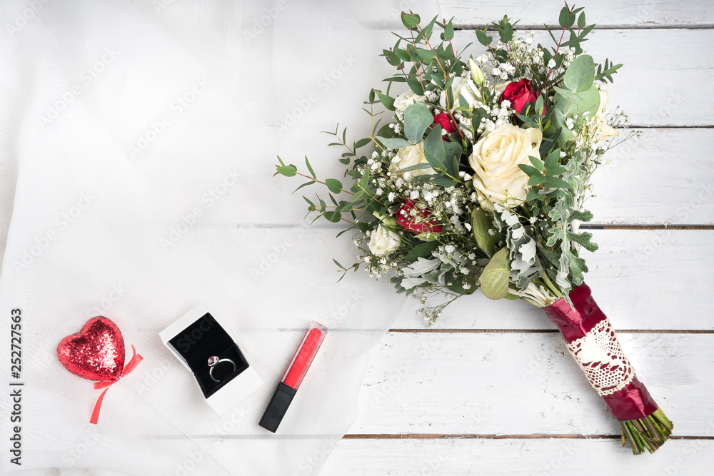 top view romantic wedding flower bouquet roses
