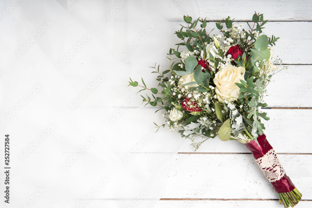top view romantic wedding flower bouquet roses