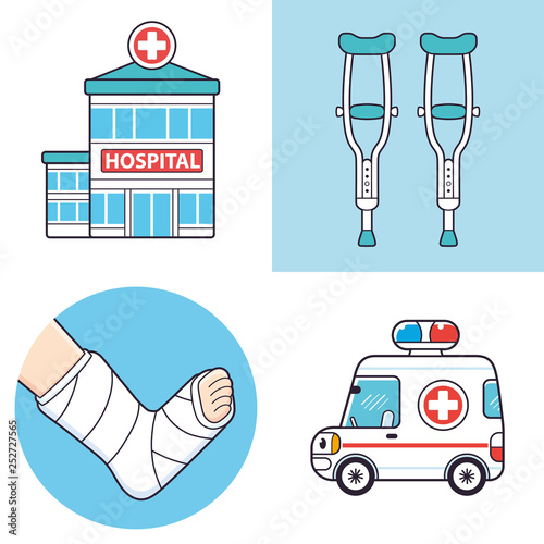 Hospital building isolated, crutches, orthopedic plaster cast, ambulance car, trauma center emergency room medical icons.
