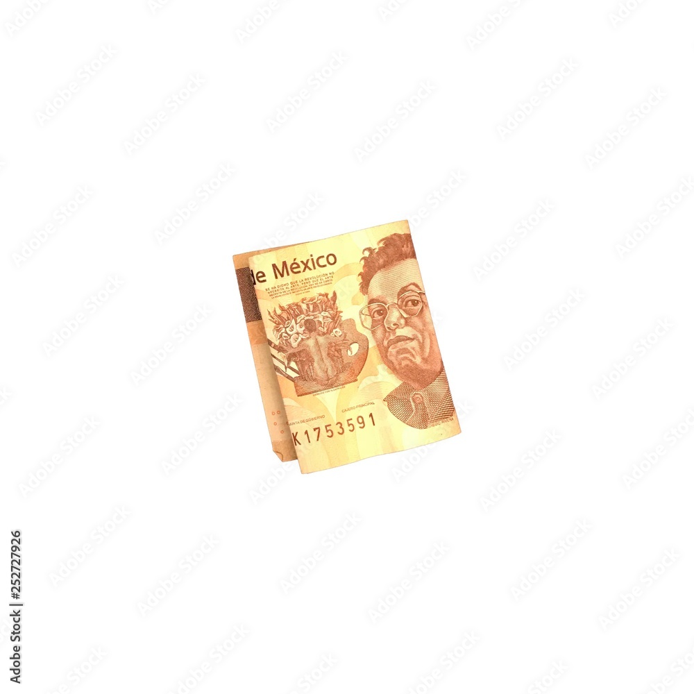 One single mexican peso 500 bill folded and isolated on white background One single mexican peso 500 bill folded and isolated on white background