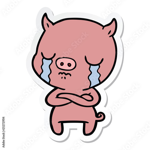 sticker of a cartoon pig crying