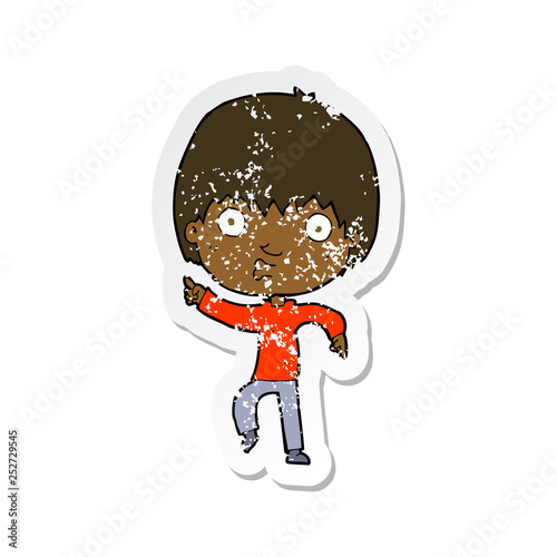 retro distressed sticker of a cartoon impressed boy pointing