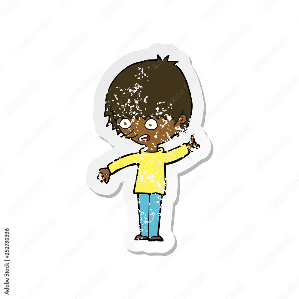 retro distressed sticker of a cartoon boy with question retro distressed sticker of a cartoon boy with question