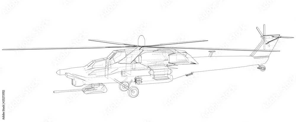 Helicopter in outline style. Created wireframe illustration of 3d