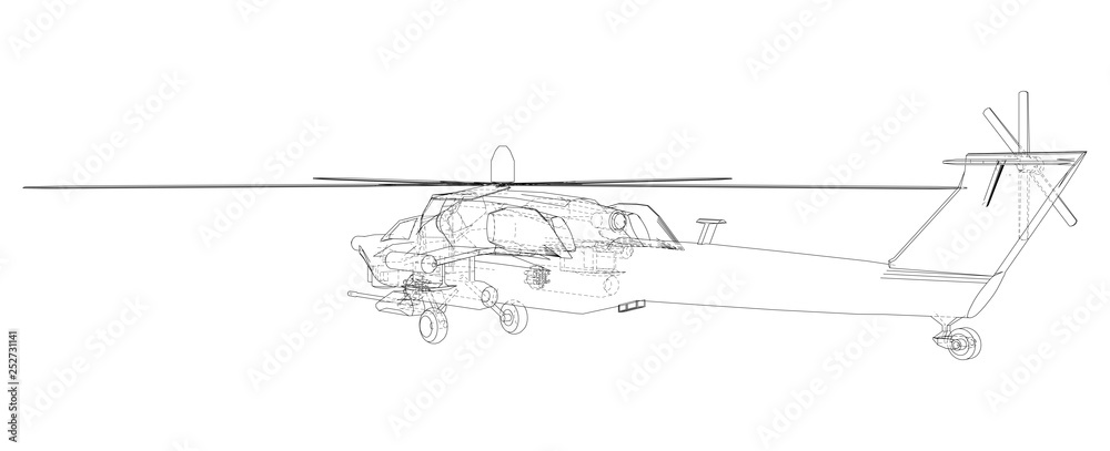 Drawing of helicopter, Vector wireframe concept. Created illustration of 3d. The layers of visible and invisible lines are separated Drawing of helicopter, Vector wireframe concept. Created illustration of 3d. The layers of visible and invisible lines are separated