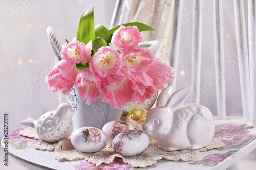 easter decoration with bunch of pink tulips