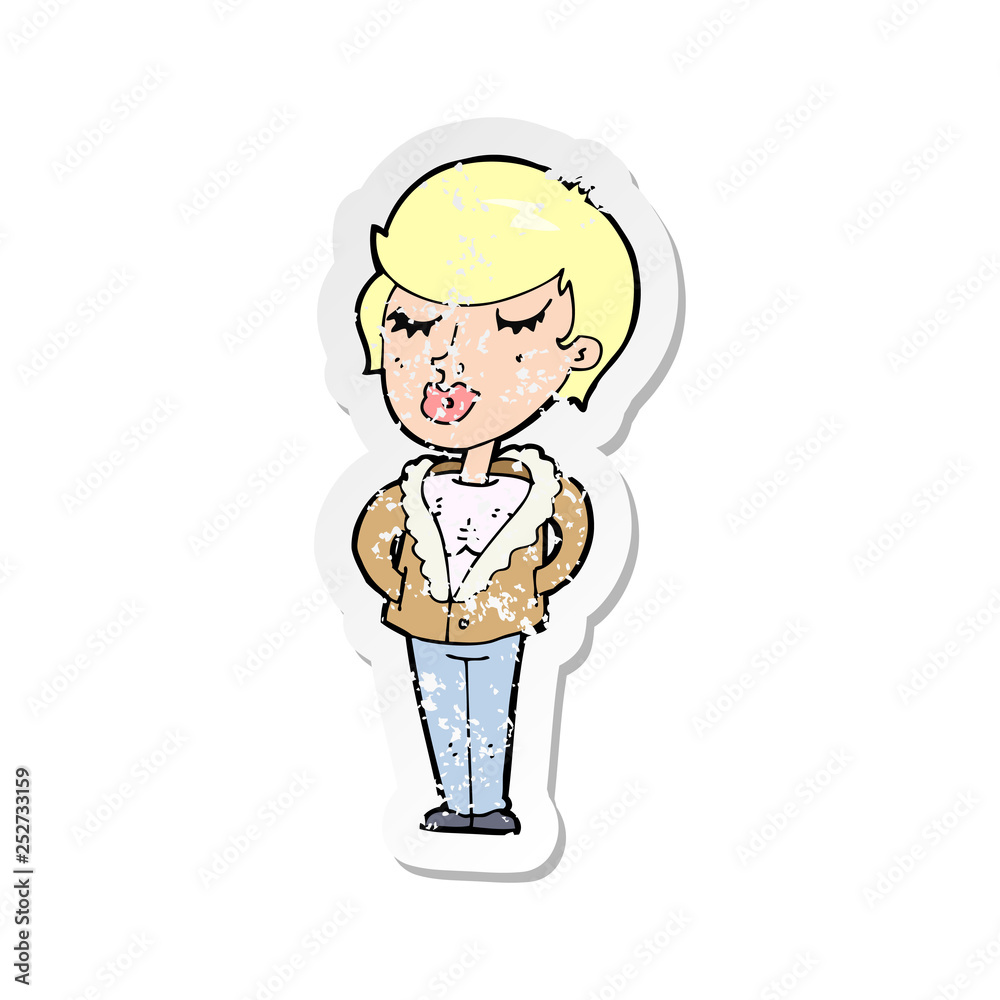 retro distressed sticker of a cartoon cool relaxed woman retro distressed sticker of a cartoon cool relaxed woman