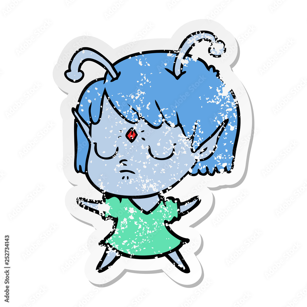 distressed sticker of a cartoon alien girl distressed sticker of a cartoon alien girl