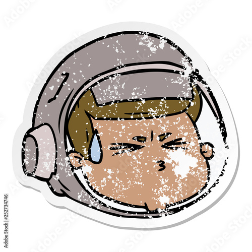 distressed sticker of a cartoon stressed astronaut face