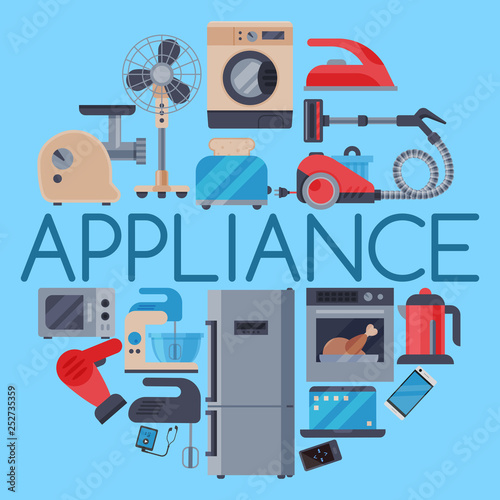 Home appliances round pattern vector illustration. Set of household kitchen technics Microwave oven, dishwasher, vacuum cleaner, refrigerator, washing machine, kettle, grinder.