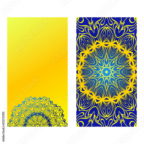 Ethnic Mandala Ornament. Templates With Mandalas. Vector Illustration For Congratulation Or Invitation. The Front And Rear Side. yELLOW BLUE COLOR