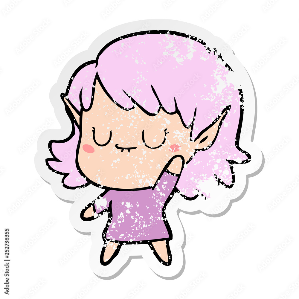 distressed sticker of a happy cartoon elf girl distressed sticker of a happy cartoon elf girl