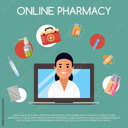 Medication online store banner vector illustration. Internet shopping. Female chemist selling drugs. Medicine, pharmacy, hospital set of drugs with labels. Medication, pharmaceutics concept.