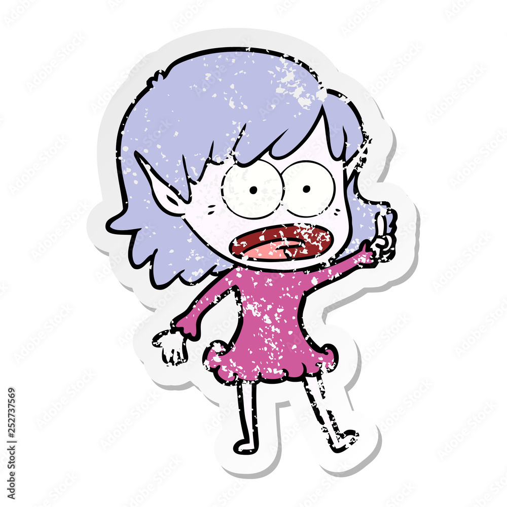 distressed sticker of a cartoon shocked elf girl distressed sticker of a cartoon shocked elf girl
