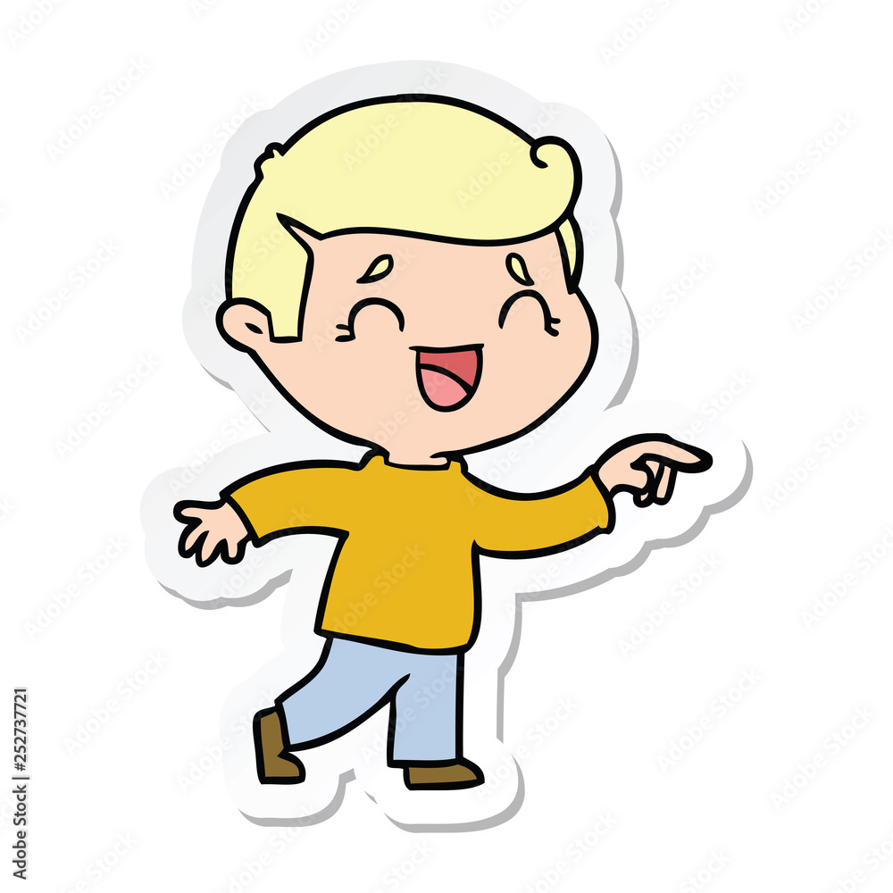 sticker of a cartoon laughing man pointing sticker of a cartoon laughing man pointing