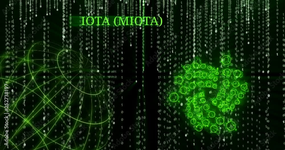 Glowing Iota (MIOTA) symbol against the falling binary code symbols Glowing Iota (MIOTA) symbol against the falling binary code symbols