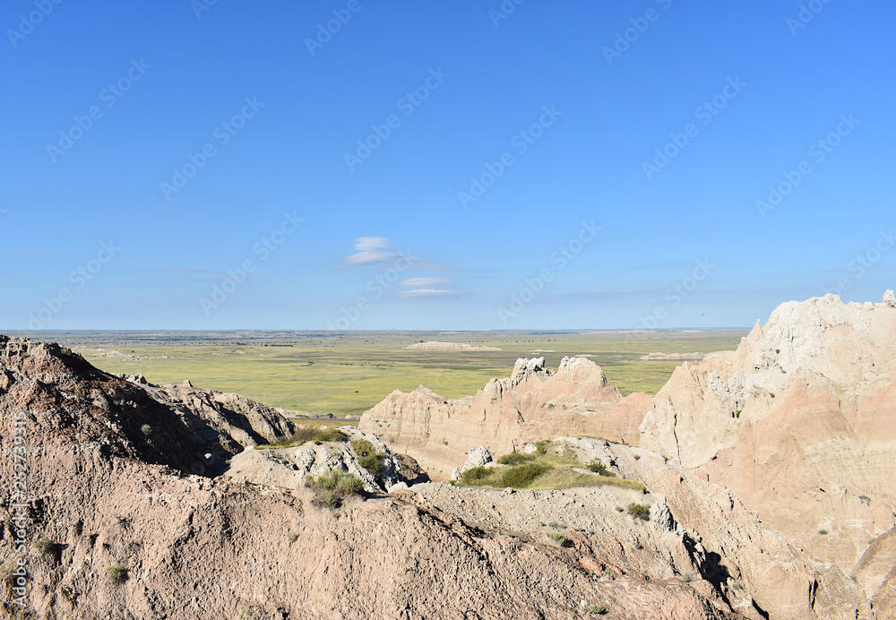 Rock Structures Looking Over the Landscape and Horizon in Badlands National Park, South Dakota
