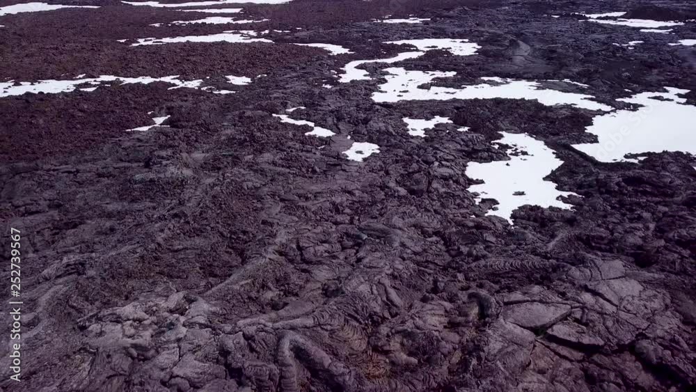 Aerial over vast lava fields and snow near Askja Iceland.