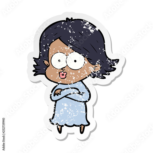 distressed sticker of a cartoon girl pouting