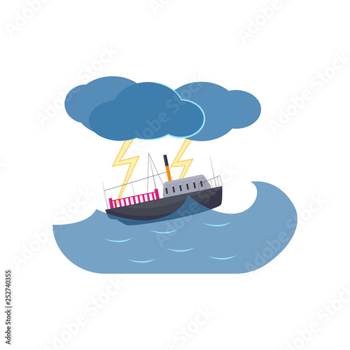 Ship swimming in sea thunderstorm and lightning isolated on white background