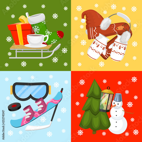 Winter holiday time banner, card vector illustration. Nature landscape with Christmas tree, snowmen, lantern hat scarf present, snowboard. Happy New Year greetings. Winter.