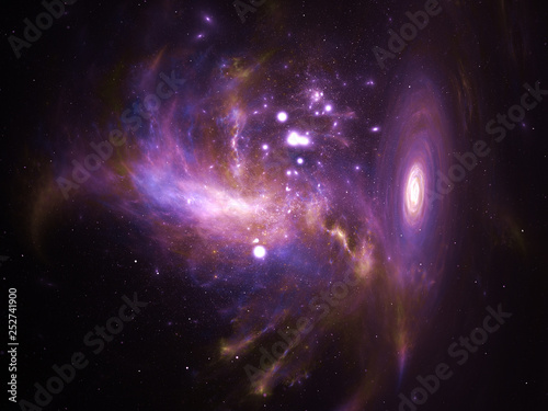 Nebula and galaxies in infinite space - starfield, stars and space dust scattered throughout a vast universe. Swirling black hole, burst of light from birth of stars, illustration, cosmic artwork.