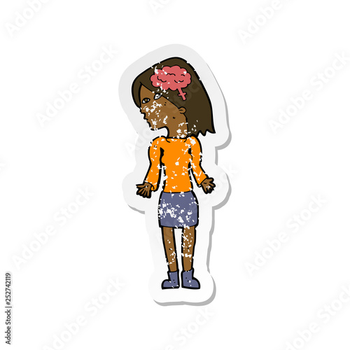 retro distressed sticker of a cartoon clever woman shrugging shoulders