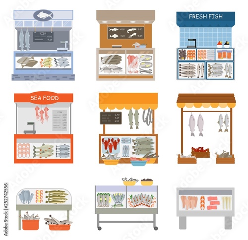 Fifh market vector fishstall fishstore illustration set of fishmongers fishmarket selling fresh marine food isolated on white background