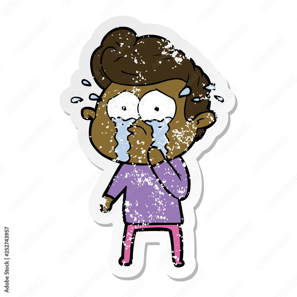 distressed sticker of a cartoon crying man distressed sticker of a cartoon crying man