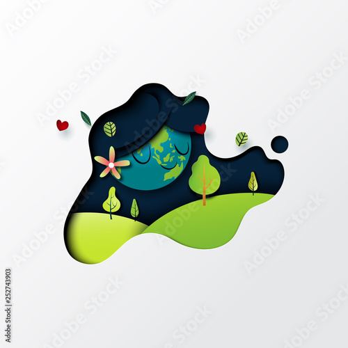 Paper art of green nature and mother earth day concept background template.Ecology and environment conservation creative idea concept.Vector illustration.