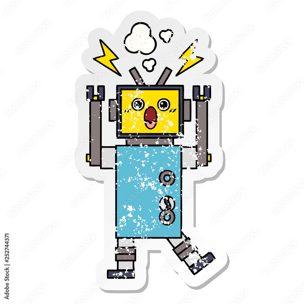 distressed sticker of a cute cartoon malfunctioning robot distressed sticker of a cute cartoon malfunctioning robot